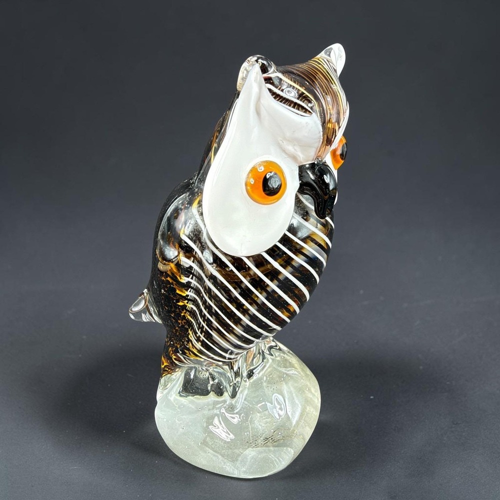 Thick Heavy Art Glass Owl Figurine Amber White Striped Glass 7in Tall Sculpture